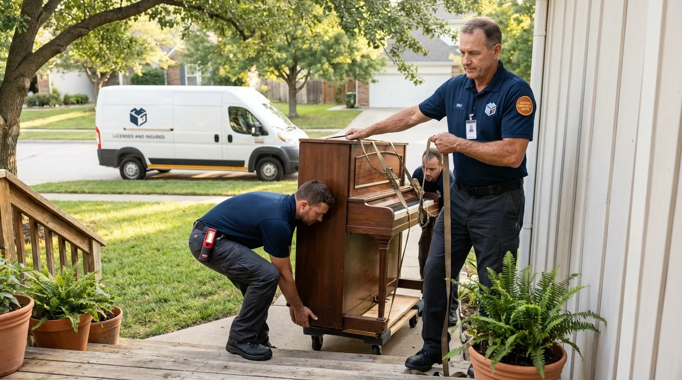 Licensed piano movers securing grand piano in Mascotte, FL