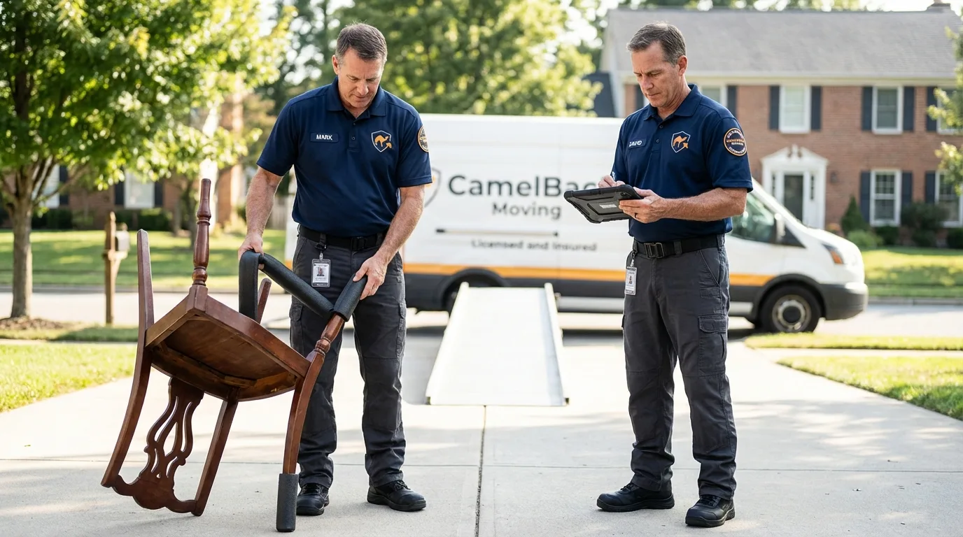 Movers inspecting furniture for damage prevention before loading in Mascotte, FL